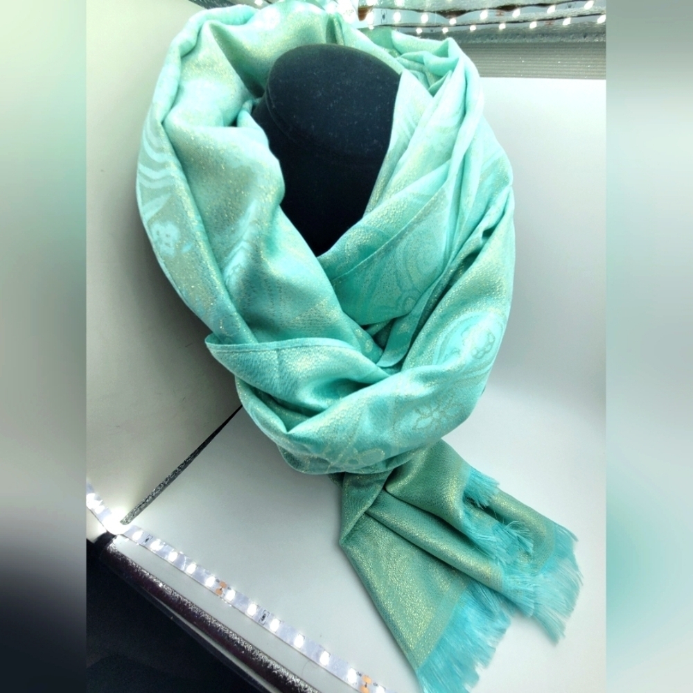 Silk Blend Aqua Green Metallic Floral Print Scarf 27"×74"